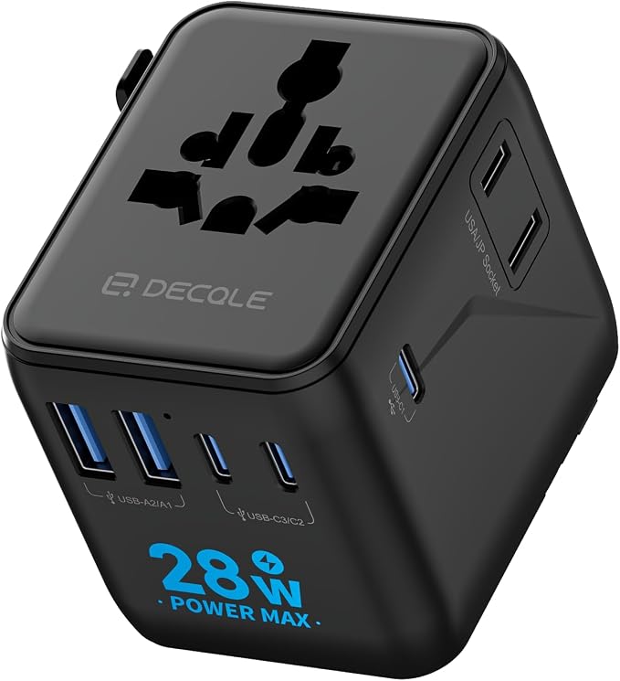 “Pro” Universal Travel Adapter 3 USB-C＆ 2 USB-A Cover 200+ Countries | 28W Max, International Plug Adapter, All in One Portable Adapter, NOT A Voltage Converter, for USA, UK, EU, AU (Black)