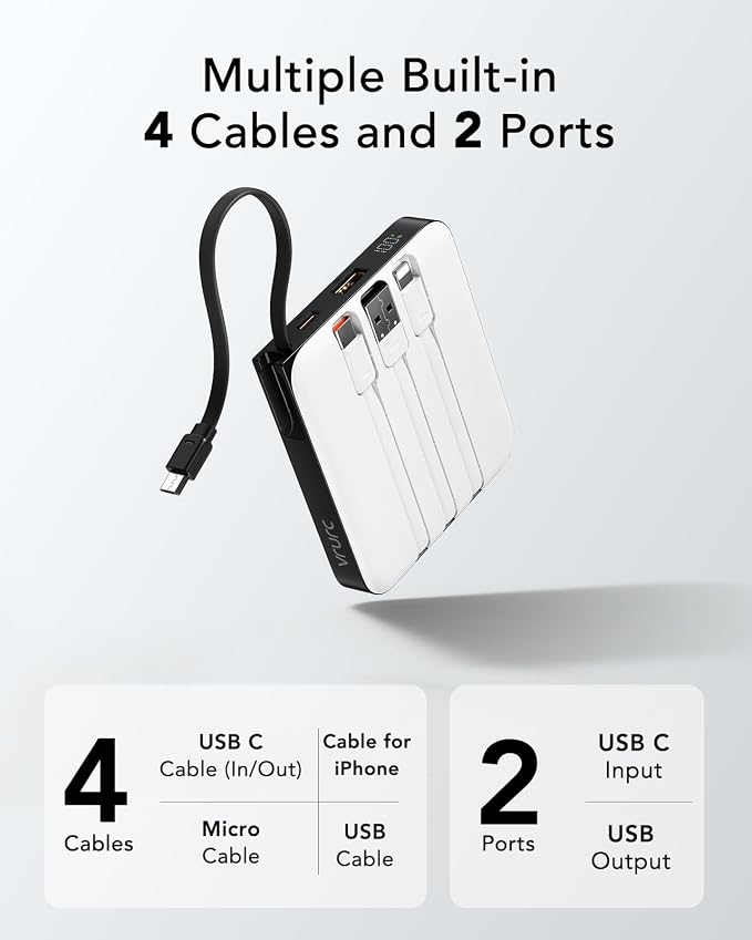 VRURC Portable Charger with Built-in Cable, 10000mAh 22.5W Fast Charging USB C Battery Pack, Cell Phone Power Bank for iPhone 17 16 15 Series Android Tablet (White)
