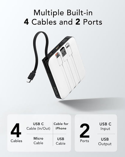 VRURC Portable Charger with Built-in Cable, 10000mAh 22.5W Fast Charging USB C Battery Pack, Cell Phone Power Bank for iPhone 17 16 15 Series Android Tablet (White)