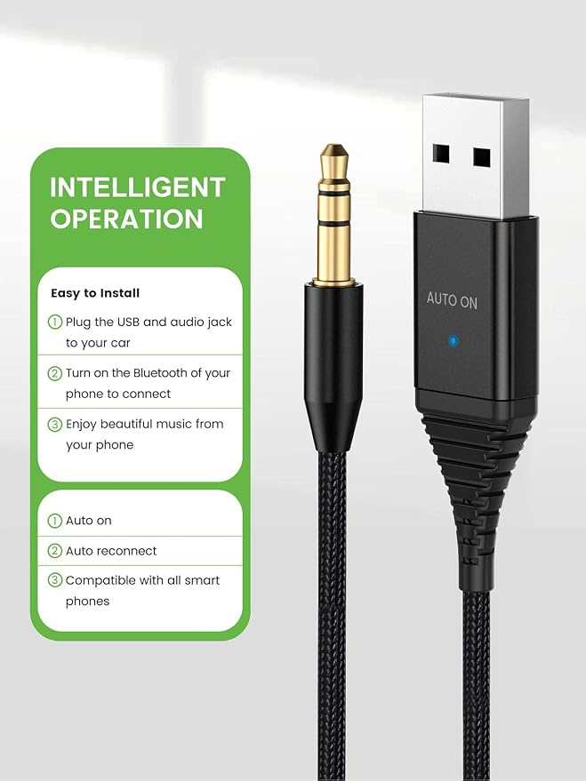 Aux Bluetooth 5.2 Car Adapter, USB Powered 3.5mm Jack, Handsfree Call, Music Streaming for Trucks Hi-Fi Home Stereo Systems