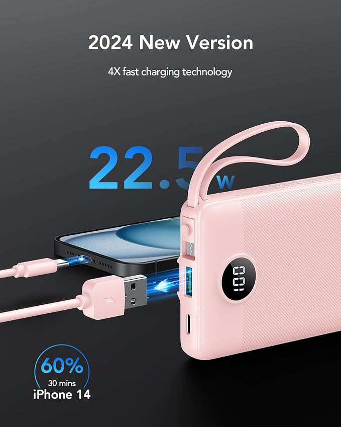 VRURC 22.5W 10000mAh Fast Charging Power Bank Built‑in 4 Cables | Portable Charger Slim,Travel Battery Pack for iPhone, Samsung & Multi Devices, Pocket‑Friendly with Lanyard-Pink(1 Pack)