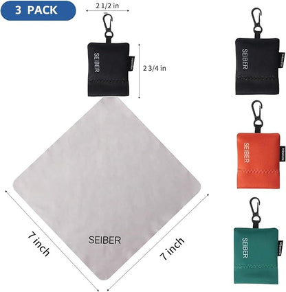SEIBER Eyeglass Cleaning Microfiber Cloth - with Neoprene Pouch | 7 x 7 inch Glasses Cleaning Cloth for Sunglasses,Laptops, Cameras,Screen | Self-Closing Bottom(3PCS,BK OR GRN)