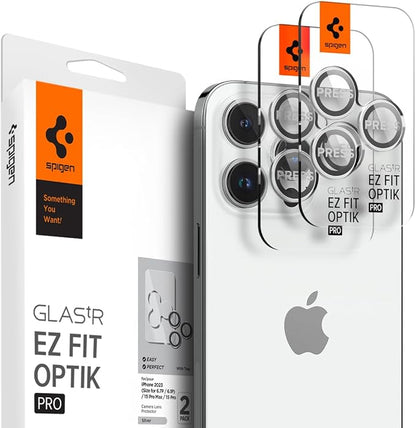 Spigen Camera Lens Screen Protector [GlasTR EZ Fit Optik Pro] Designed for iPhone 15 Pro Max/iPhone 15 Pro/iPhone 14 Pro Max/iPhone 14 Pro [Case Friendly] - Silver [2 Pack]