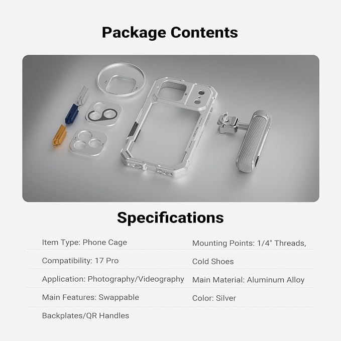 NEEWER Phone Cage Kit Compatible with iPhone 17 Pro Only, Video Rig Stabilizer Accessories with 67mm Filter Ring, 17mm & T Mount Lens Backplates, Quick Release Bluetooth Handle, PA143 (Silver)