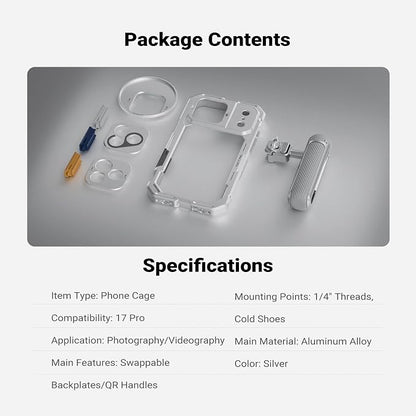 NEEWER Phone Cage Kit Compatible with iPhone 17 Pro Only, Video Rig Stabilizer Accessories with 67mm Filter Ring, 17mm & T Mount Lens Backplates, Quick Release Bluetooth Handle, PA143 (Silver)