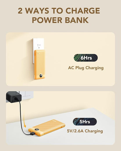 VRURC Portable Charger, Power Bank Built-in Cables and AC Wall Plug | USB C Power Bank 10000mAh Travel Essentials Phone Charger Compact External Battery Pack For Smart Phones, Tablets etc-Orange