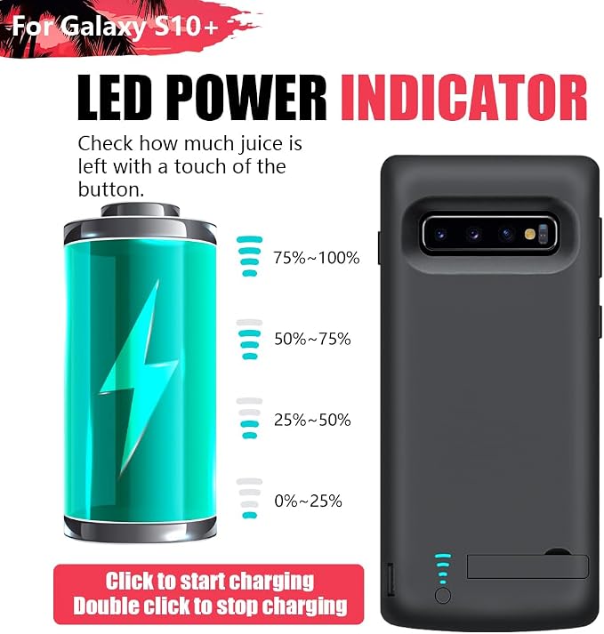 New Version Battery Case for Samsung Galaxy S10+ Plus, 6000mAh Rechargeable Extended Battery Charging Charger Case, Add 1.5X Extra Juice (6.4 Inches) Black