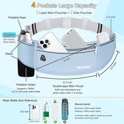 Water Resistant Fanny Pack for Men Women, Running Belt Waist Pack with Bottle Holder, Lightweight Phone Holder for Running Jogging Workout, Adjustable Money Belt for iPhone 16 17 Samsung（Blue）