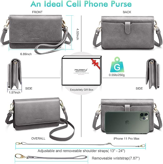 nuoku Women Small Crossbody Bag Cellphone Purse Wallet with RFID Card Slots 2 Straps Wristlet