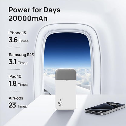 J2621 Power Bank Portable Charger 20000mAh 45W, PD3.0 QC 4.0 Fast Charging Battery Pack with LED Display,2 USB-C,2 USB-A for iPhone 15 16, MacBook