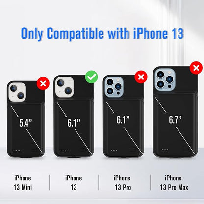 Gladgogo Charging Case for iPhone 13, Real 6000mAh Powerful Smart Battery Case Charger Ultra Slim Portable External Battery Pack Compatible with 13, 6.1 inch, Black
