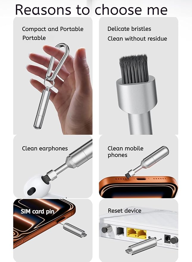 Mobile Phone SIM Card Removal Tool, Earphone Cleaning Kit, Premium Keychain, Bluetooth Headset Cleaner (Silver, 1-Pack)