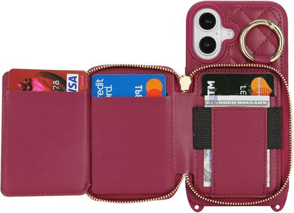 Crossbody Wallet Case for iPhone 17, PU Leather Zipper Handbag Purse Flip Cover, Kickstand Folio Case with Card Slots Holder Wrist Strap Lanyard 5G 6.3 Inch-Dark red