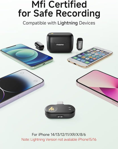 MAONO Wave T1 Mini Wireless Lavalier Microphone for iPhone iPad with MFi Certified Lightning Plug, Noise Cancellation, AI Voice Filter, 30H Used with Charging Case for Video Recording Vlog TikTok