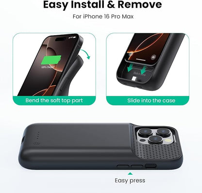 Feob Battery Case for iPhone 16 Pro Max,Ultra-Slim 8600mAh Portable Charger Cover 360°Protection Rechargeable Extended Battery Charging Case for iPhone 16 Pro Max-Black
