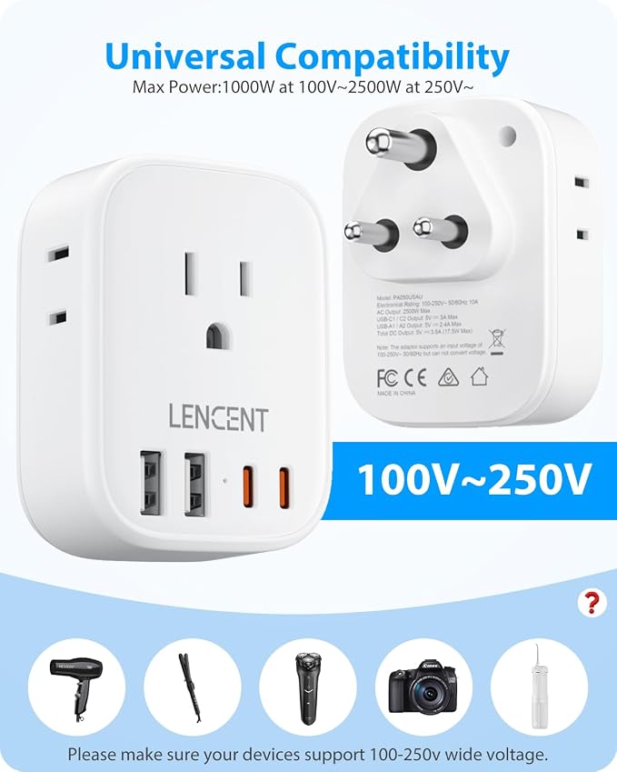 LENCENT US to India Power Plug Adapter, Indian Travel Adapter | 4 Outlets, 4 USB Ports(2 USB C), Type D Plug Converter for USA to India Nepal Bangladesh Maldives Pakistan, Safe Grounded