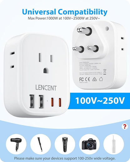 LENCENT US to India Power Plug Adapter, Indian Travel Adapter | 4 Outlets, 4 USB Ports(2 USB C), Type D Plug Converter for USA to India Nepal Bangladesh Maldives Pakistan, Safe Grounded