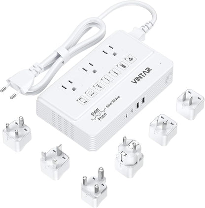 VINTAR 600W Pure Sine Wave 220V to 110V Voltage Converter US to Europe, Universal Travel Adapter with EU/UK/AU/JP/SA/India Plug, Step Down Power Transformer for CPAP Hair Straightener Curling Iron
