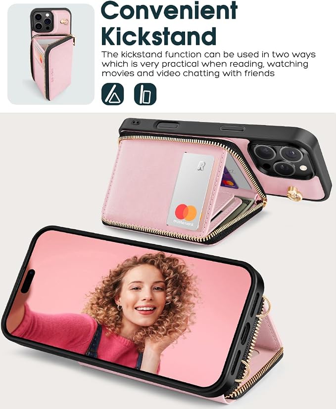 OCASE Compatible with iPhone 16 Pro Crossbody Wallet Case with Card Holder, PU Leather Zipper Handbag Phone Purse with RFID Blocking Kickstand Wrist Strap Lanyard 6.3 Inch, Pink