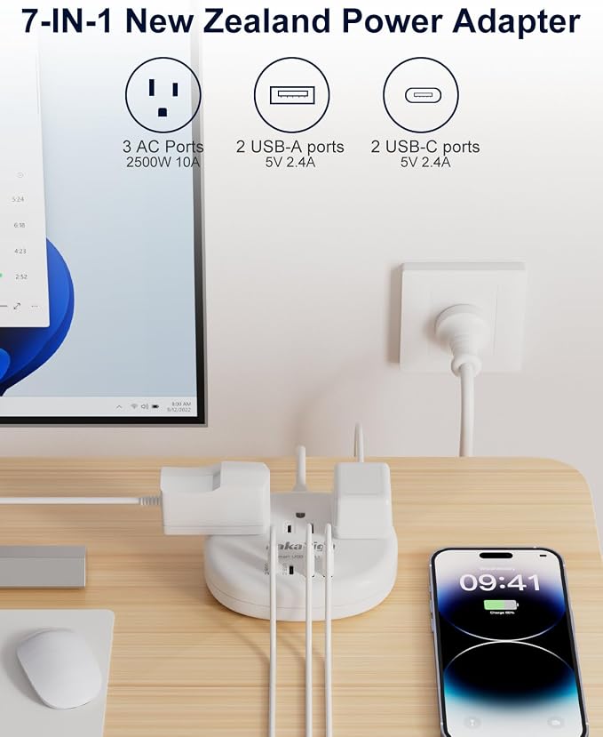 Australia Power Plug Adapter, 4FT AU Power Strip | New Zealand Plug Adapter with 3 USA Outlets 4 USB Ports Total 24W, Type I Plug Adapter for USA to Australia, Argentina, China