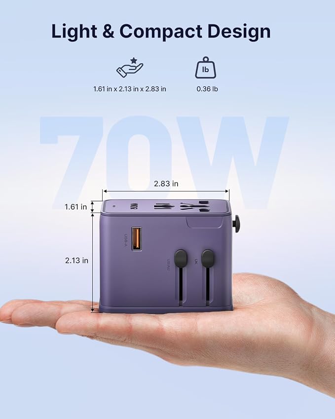 VINTAR 70W GaN Universal Travel Adapter, 5 in 1 with 3 USB-C PD& 1 USB-A QC | International Power Adapter with 70W GaN Fast Charging, All-in-one for EU UK USA AUS, Worldwide Travel Essentials, Purple
