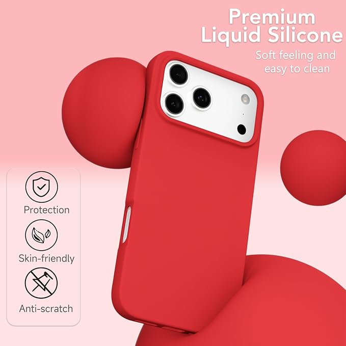 for iPhone 17 Pro Case Silicone Compatible with Magsafe Case, Ultra Slim Thin Magnetic Phone Cases Mag Safe, Cute Soft Rubber Gel TPU Matte Plain Wireless Charging Cover for Women, Red