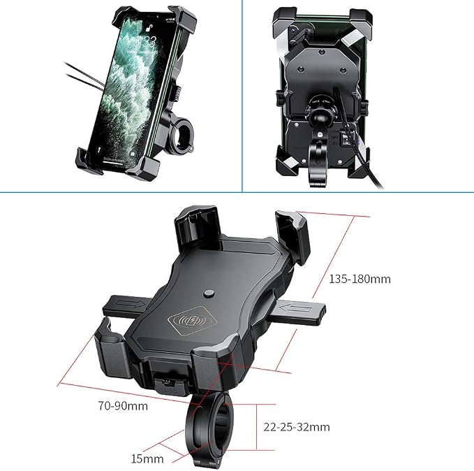 iMESTOU Motorcycle Wireless 15W Qi/USB Quick Charger 3.0 Phone Holder 2 in 1 Mount on 22-32mm Handlebar or Rear-View Mirror Fast Charging for 3.5-6.8 inch Cellphones