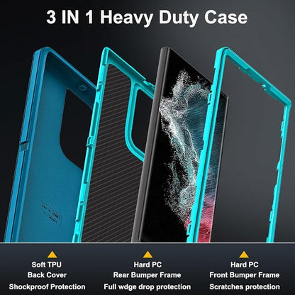 for Samsung Galaxy S22 Ultra Case with 2Pcs Self Healing Flexible TPU Screen Protector & Camera Lens Protector, 3 in 1 Heavy Duty Shockproof/Drop Proof/Dust Proof Case (Blue/Turquoise)
