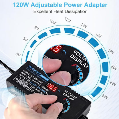 Universal Power Supply 3V~24V 6A 144W Adjustable Variable 3V 5V 9V 12V 18V 20V 24V AC/DC Adapter Charger, 100V-240V AC to DC Converter with 14 Tips, Polarity Converter and 4-Way Power Splitter Cable