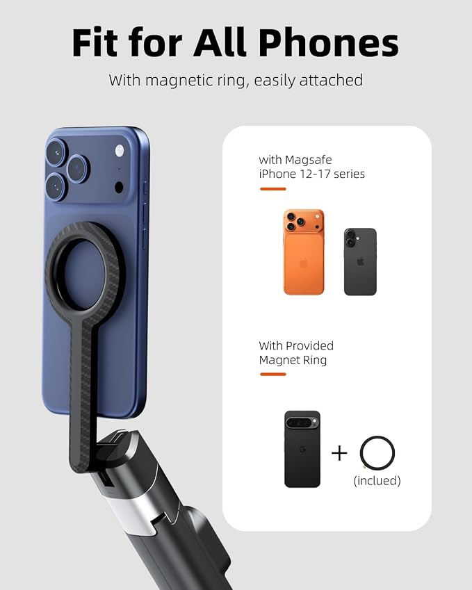 TODI 60" Magnetic Tripod for iPhone,Mini Magnetic Selfie Stick Magnetic Selfie Stick Compatible with iPhone 12-17 Series with Metal Ring