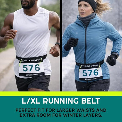 VeloChampion Lightweight Running Belt Waist Pack for Men Women - Elasticated Stretch Fit Race Number Holder - No Pins - 3 Sizes - Run. Triathlon. Cycle. Marathon. Jogging (1, Large)