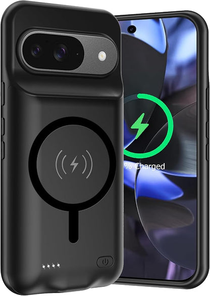 Battery Case for Google Pixel 9/9 Pro, 10000mAh Rechargeable Portable Charging Case with Wireless Charging Compatible for Google Pixel 9/9 Pro (6.3 inch) Extended Battery Pack Charger Cover (Black)