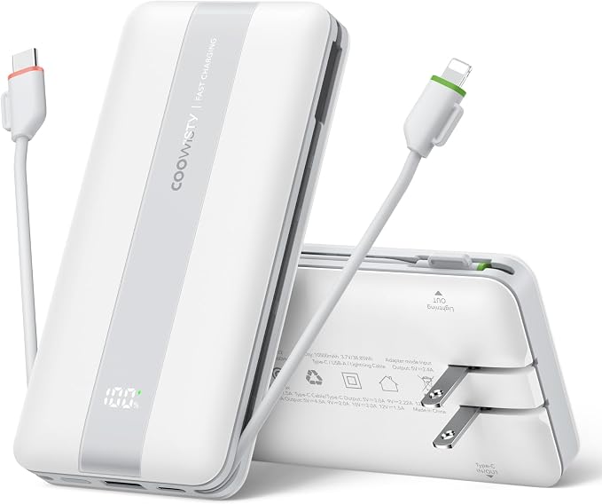 Fast Charging Power Bank, USB C Portable Charger Built-in Cables and Wall Plug, 10500mAh 22.5W 4 Outputs 3 Inputs LED Display External Battery Pack Compatible with iPhone/Android (White)