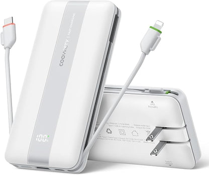 Fast Charging Power Bank, USB C Portable Charger Built-in Cables and Wall Plug, 10500mAh 22.5W 4 Outputs 3 Inputs LED Display External Battery Pack Compatible with iPhone/Android (White)