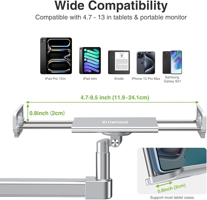 elitehood 28-inch Long Arm iPad Mount for Desk, Adjustable Tablet Desk Mount with Clamp, Sliver Aluminum Tablet Holder Compatible with iPad Pro 13/12.9/11, Air Mini, 4.7-13 inch Tablets & Cell Phones