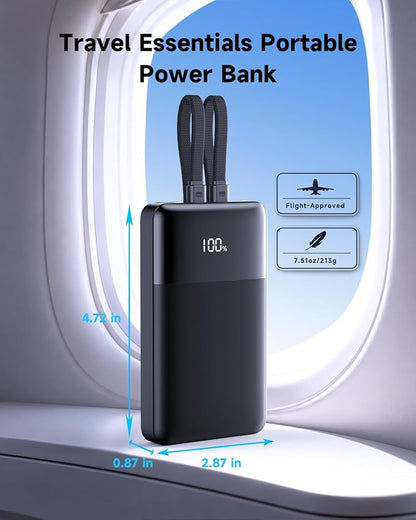 Portable Charger, 10000mAh Power Bank 22.5W PD, Built-in Cables for iPhone | Built-in Lightning & USB-C cables, 22.5W fast output, 18W input, charge 4 devices at once, compact design, 18-month warranty.
