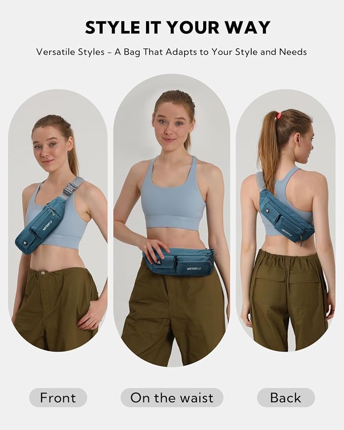 WATERFLY Small Crossbody Fanny Pack: 5 Pocket Slim Lightweight Waist Belt Hip Bag for Women Men Water Resistant Chest Pouch for Travel Hiking Running Walking Fit All Phones - Peacock Blue