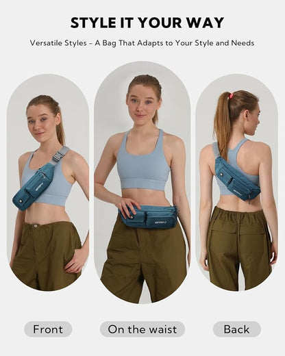 WATERFLY Small Crossbody Fanny Pack: 5 Pocket Slim Lightweight Waist Belt Hip Bag for Women Men Water Resistant Chest Pouch for Travel Hiking Running Walking Fit All Phones - Peacock Blue