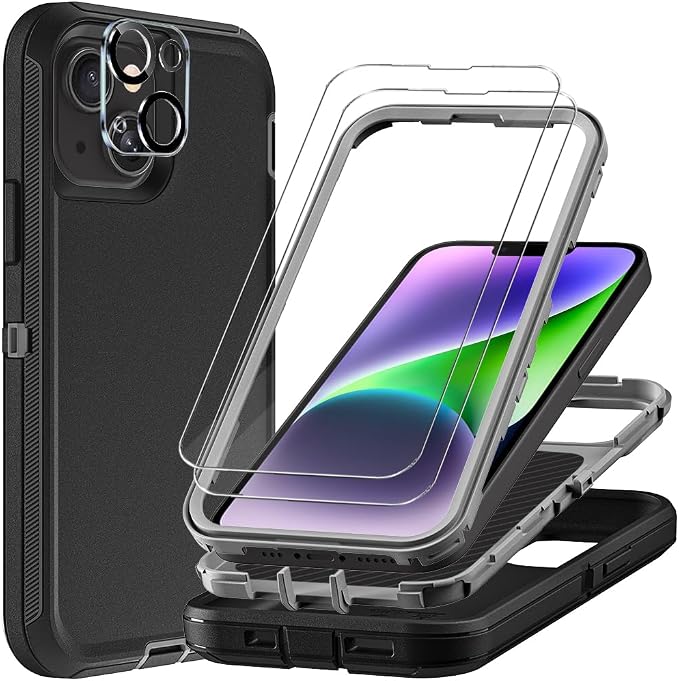 for iPhone 14 Plus Case with 2Pcs Tempered Glass Screen Protector and 1Pcs Camera Lens Protector, Military Grade 3 in 1 Heavy Duty Shockproof/Drop Proof/Dust Proof Case (Black/Grey)