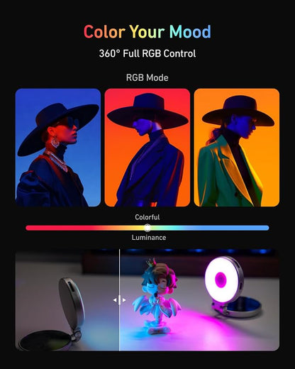TELESIN Upgraded 4-in-1 Magnetic RGB Selfie Ring Light with Mirror & Phone Stand, Rechargeable Portable Clip On Fill Light for iPhone Samsung TikTok, Vlogging, Makeup, Photography, Streaming