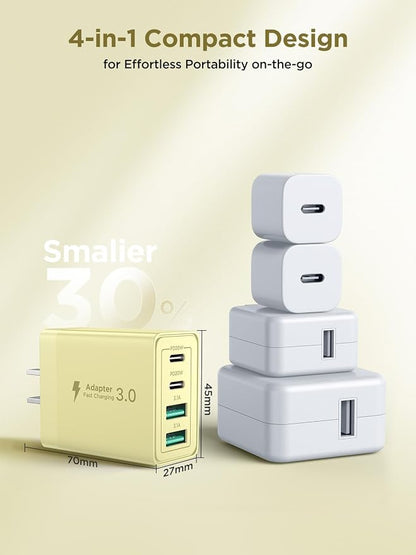 USB C Charger Block, 40W 4-Port Fast Charger 20W Type C Charging Block 3.1A USB Wall Charger Dual Port PD+QC Charging Cube for iPhone 16 15 14 13 12 Pro Max XS, iPad, Samsung Phone (Yellow)
