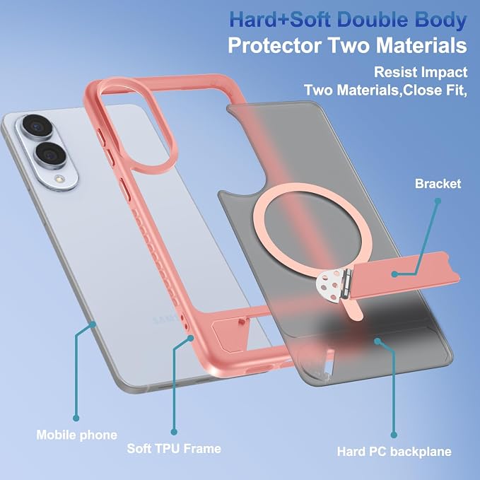 RMOCR for Samsung Galaxy S25 Edge Case with Screen Protector+Lanyard Wrist Strap,Magnetic Translucent Matte Rugged Slim Phone Cover Built in Invisible Kickstand [Fit for MagSafe],2025 Cute Pink