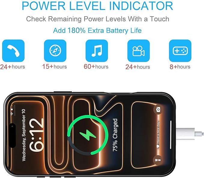 Battery Case for iPhone 17 Pro Max, 12000mAh Protective Charging Case with Wireless Charging Compatible with iPhone 17 Pro Max (6.9 inch) Rechargeable Battery Pack Charger Cover with Carplay (Black)