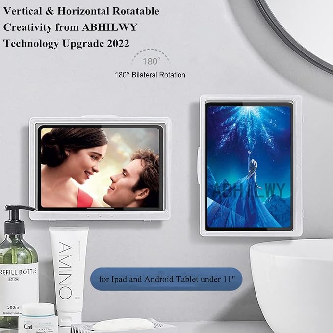 Shower Tablet Holder Waterproof Compatible with Ipad, Wall Mounted Bathroom Tablet Case Rotation, Adhesive Touchable Cradle with Glass Mirror Anti-Fog Screen for Kitchen 11 inches White