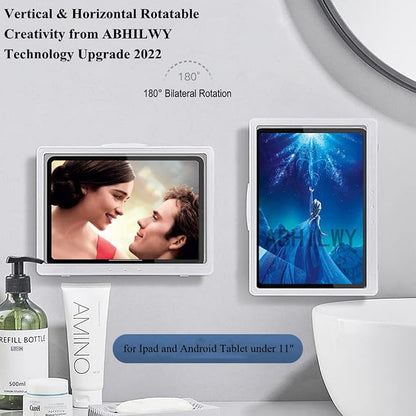Shower Tablet Holder Waterproof Compatible with Ipad, Wall Mounted Bathroom Tablet Case Rotation, Adhesive Touchable Cradle with Glass Mirror Anti-Fog Screen for Kitchen 11 inches White
