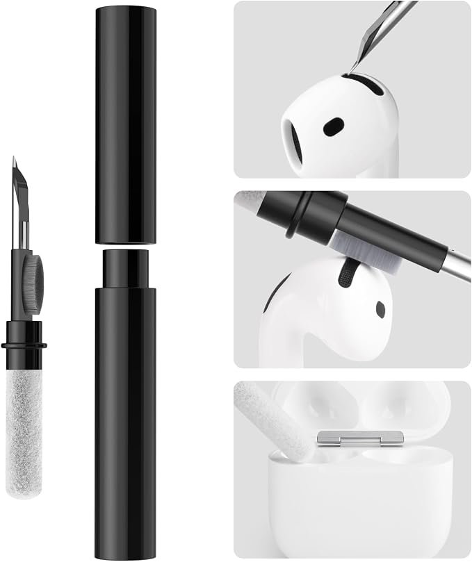 Cleaner Kit for Airpods Pro 1 2 3, 3-in-1 Multi-Function Cleaning Pen Tools Soft Brush Flocking Sponge & Metal Tip for Earbuds, Wireless Earphones, iPhone, Camera, Lens, Bluetooth Headphones (Black)
