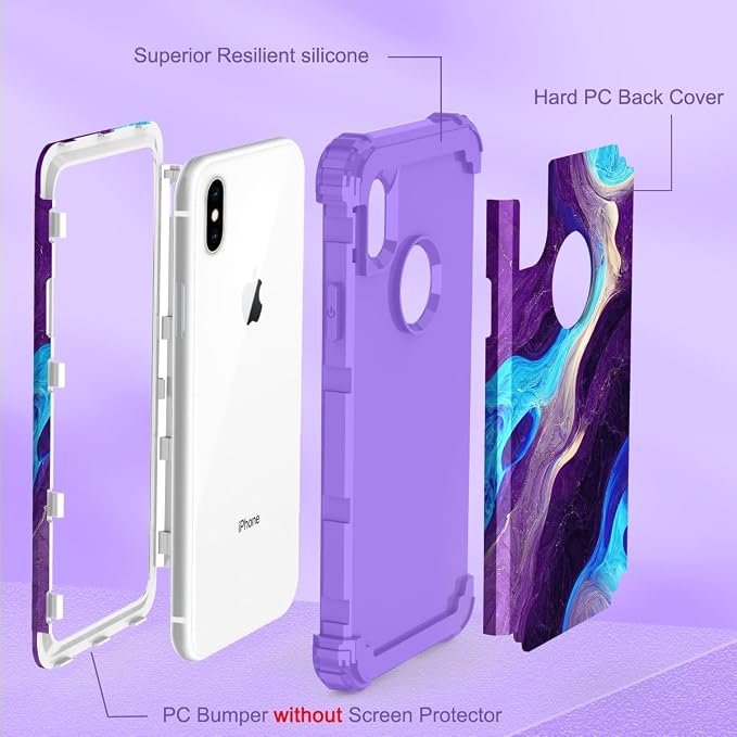 Hocase for iPhone Xs Max Case, Heavy Duty Shockproof Protection Soft Silicone Rubber+Hard Plastic Bumpers Hybrid Protective Case for iPhone Xs Max (6.5") 2018 - Blue Purple Marble
