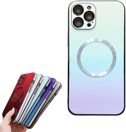 Gradient Glass-Gloss Case for iPhone 17/16/15/14/13 Series - Magnetic Case with Full Camera Lens Protector, Scratch Resistant Gradient Glass Back Cover Phone Case (Blue,for iPhone 15)