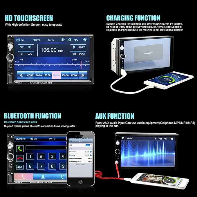 EKAT Double Din Car Stereo Receiver Bluetooth 7 Inch Touch Screen Car Radio Head Unit MP5 Video Digital Player Support Mirror Link TF FM AUX USB + Backup Camera and Remote Control