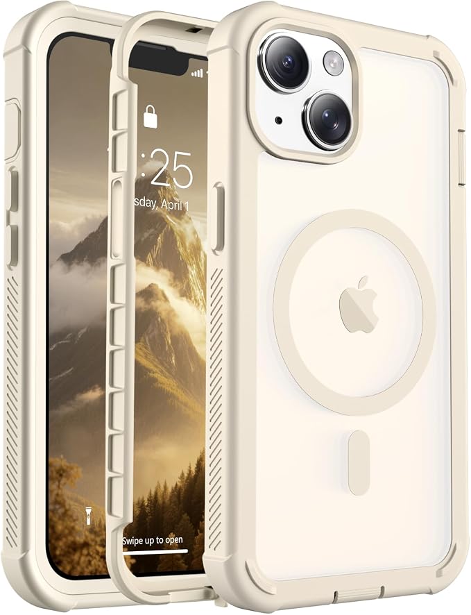 jaroco Magnetic for iPhone 14 Case, [Compatible with MagSafe][Military Grade Drop Protection][Heavy Duty Protection][Non-Slip][Shockproof] 2-Layer Durable Bumper Phone Case 6.1''-Antique White